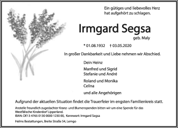 Anzeige  Irmgard Segsa  Lippische Landes-Zeitung