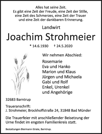 Anzeige  Joachim Strohmeier  Lippische Landes-Zeitung