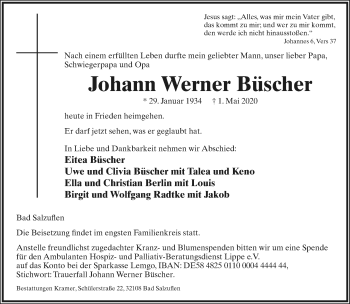 Anzeige  Johann Werner Büscher  Lippische Landes-Zeitung