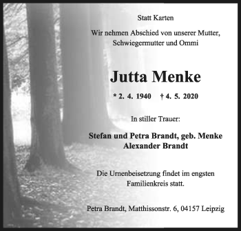 Anzeige  Jutta Menke  Lippische Landes-Zeitung