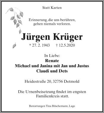 Anzeige  Jürgen Krüger  Lippische Landes-Zeitung