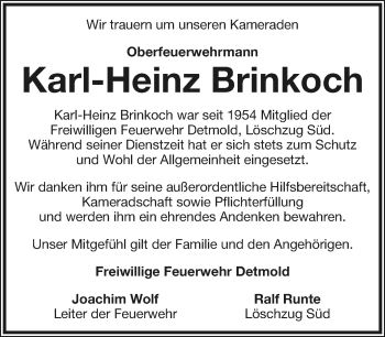 Anzeige  Karl-Heinz Brinkoch  Lippische Landes-Zeitung