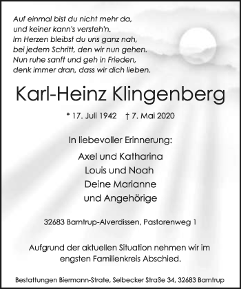 Anzeige  Karl-Heinz Klingenberg  Lippische Landes-Zeitung