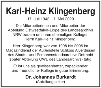Anzeige  Karl-Heinz Klingenberg  Lippische Landes-Zeitung