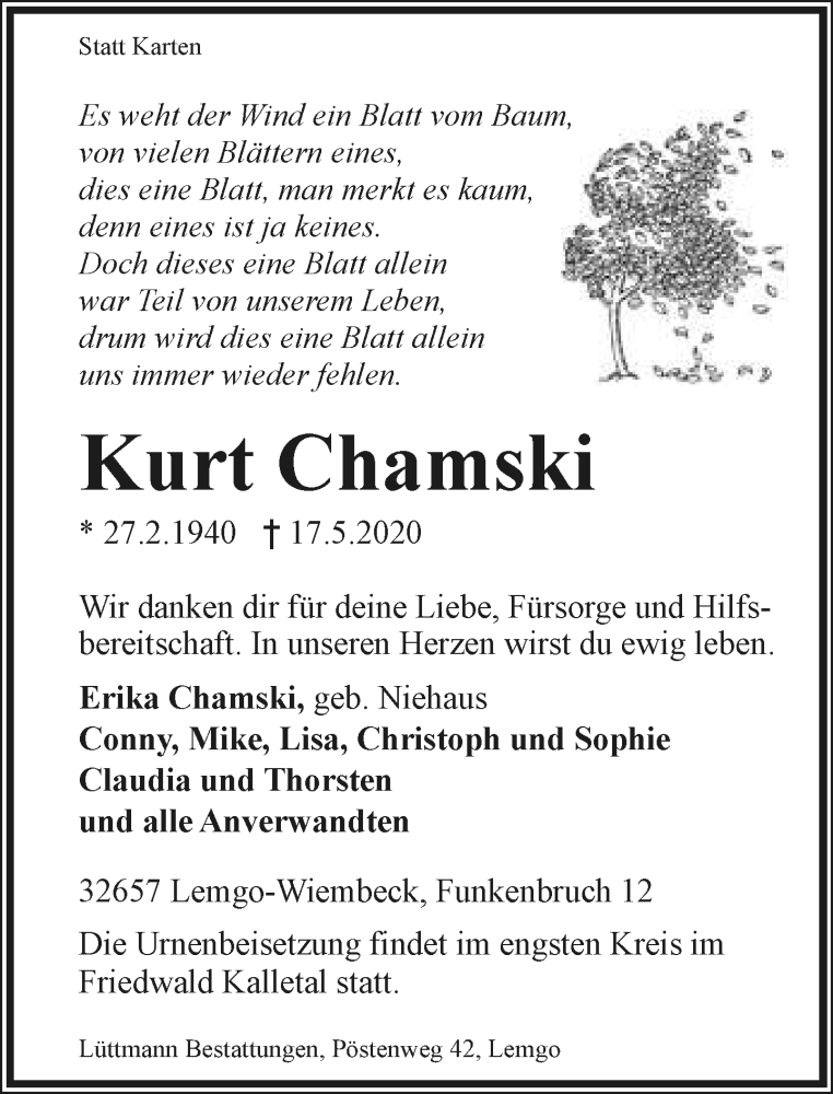  Traueranzeige für Kurt Chamski vom 23.05.2020 aus Lippische Landes-Zeitung