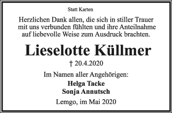Anzeige  Lieselotte Küllmer  Lippische Landes-Zeitung