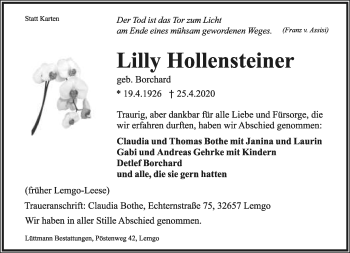 Anzeige  Lilly Hollensteiner  Lippische Landes-Zeitung