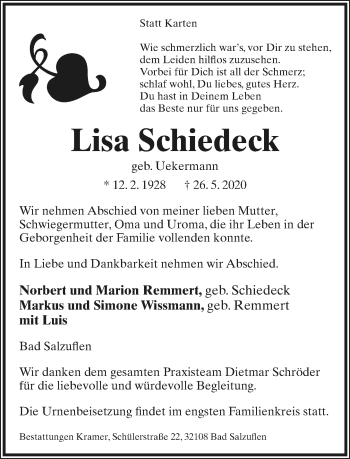 Anzeige  Lisa Schiedeck  Lippische Landes-Zeitung