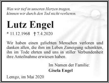Anzeige  Lutz Engel  Lippische Landes-Zeitung