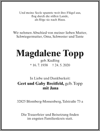 Anzeige  Magdalene Topp  Lippische Landes-Zeitung