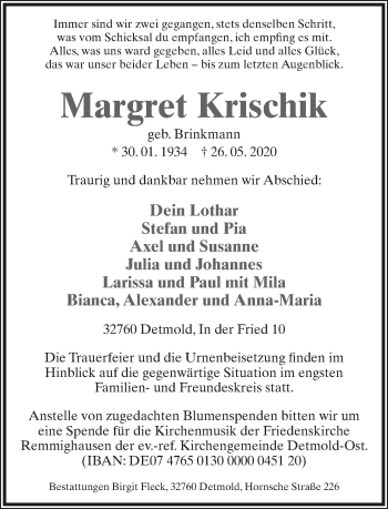 Anzeige  Margret Krischik  Lippische Landes-Zeitung