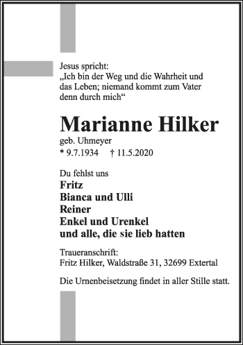 Anzeige  Marianne Hilker  Lippische Landes-Zeitung