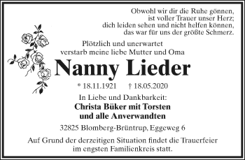 Anzeige  Nanny Lieder  Lippische Landes-Zeitung