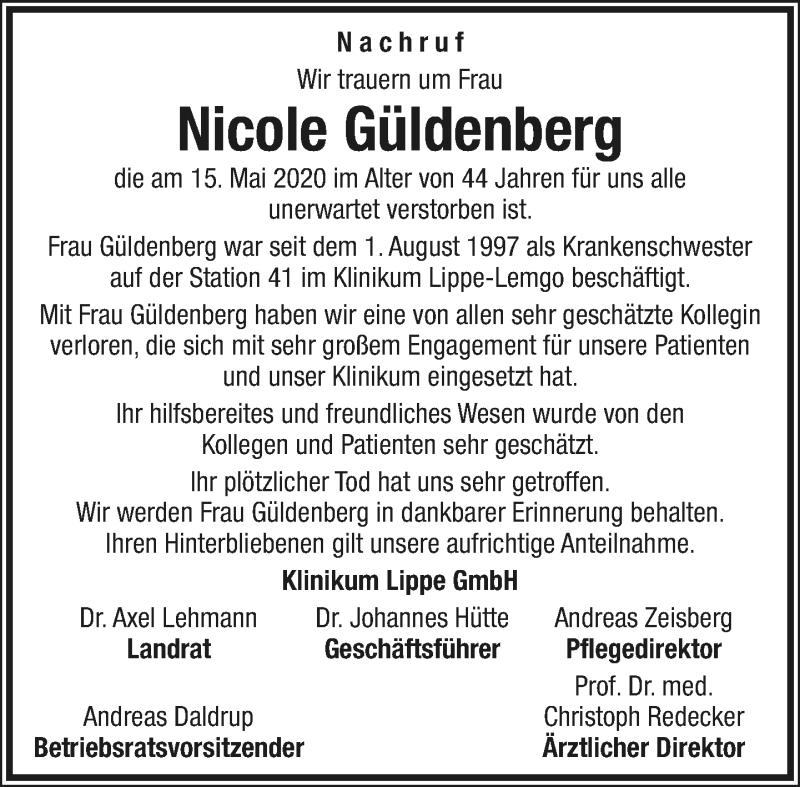  Traueranzeige für Nicole Güldenberg vom 30.05.2020 aus Lippische Landes-Zeitung