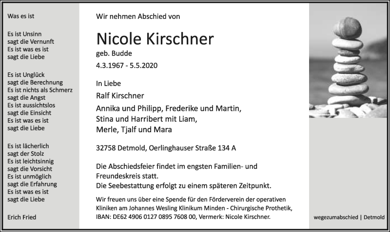  Traueranzeige für Nicole Kirschner vom 09.05.2020 aus Lippische Landes-Zeitung