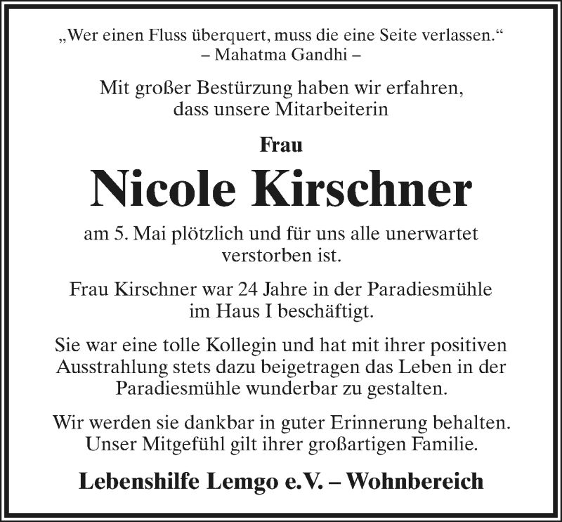  Traueranzeige für Nicole Kirschner vom 16.05.2020 aus Lippische Landes-Zeitung