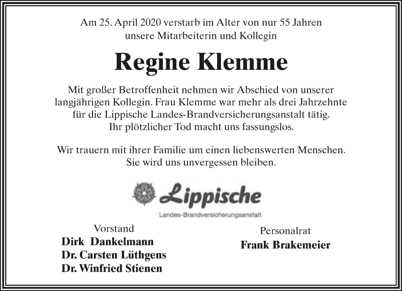  Traueranzeige für Regine Klemme vom 01.05.2020 aus Lippische Landes-Zeitung