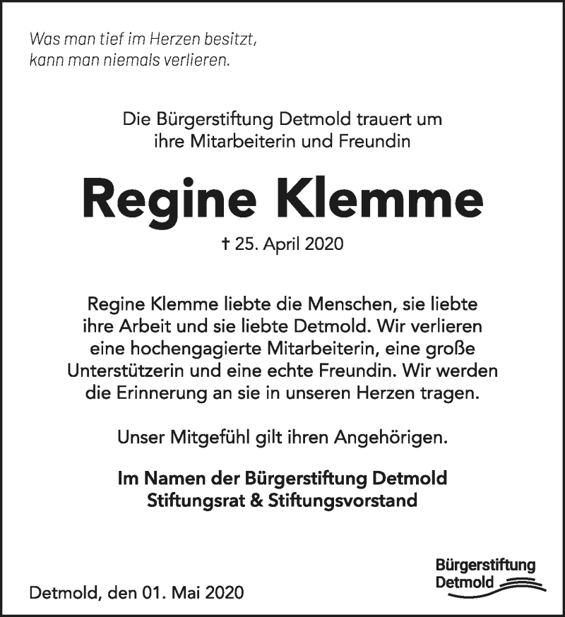  Traueranzeige für Regine Klemme vom 01.05.2020 aus Lippische Landes-Zeitung