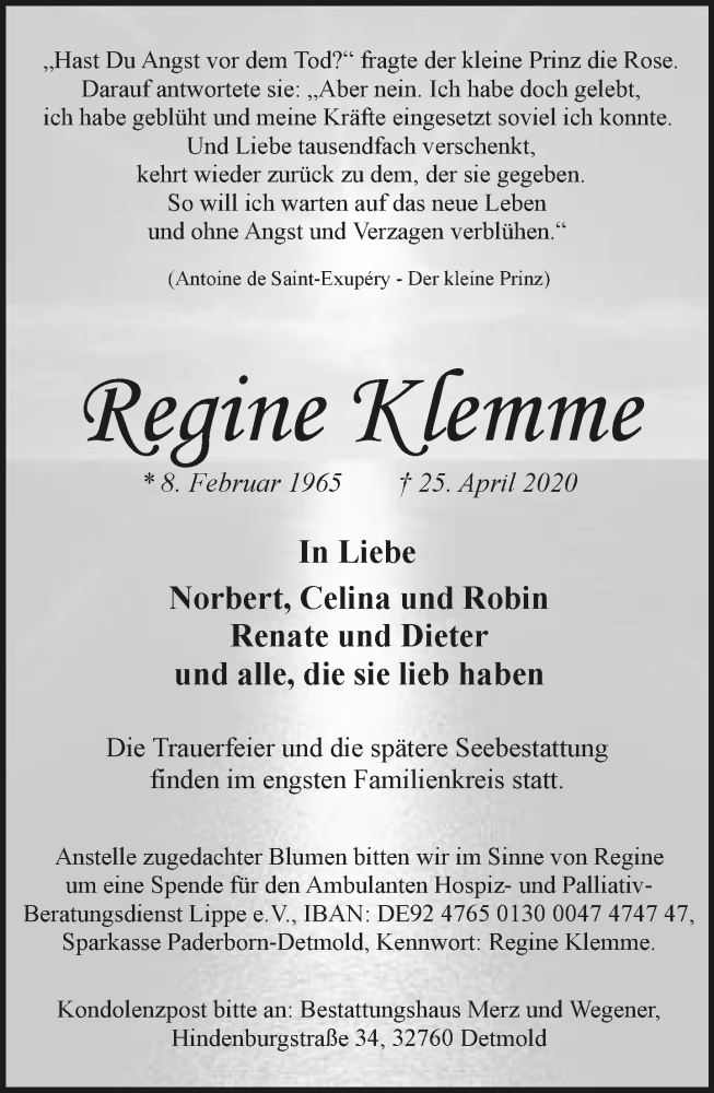  Traueranzeige für Regine Klemme vom 01.05.2020 aus Lippische Landes-Zeitung