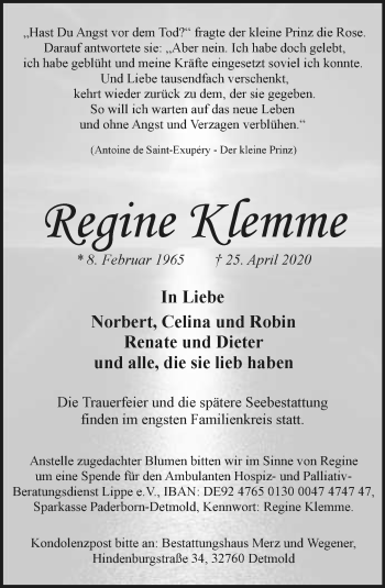Anzeige  Regine Klemme  Lippische Landes-Zeitung