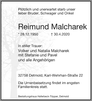 Anzeige  Reimund Malcharek  Lippische Landes-Zeitung