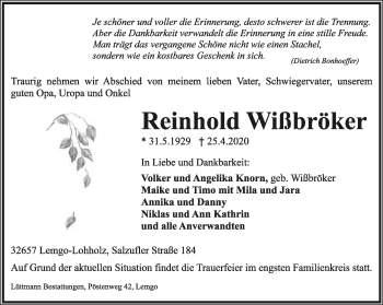 Anzeige  Reinhold Wißbröker  Lippische Landes-Zeitung