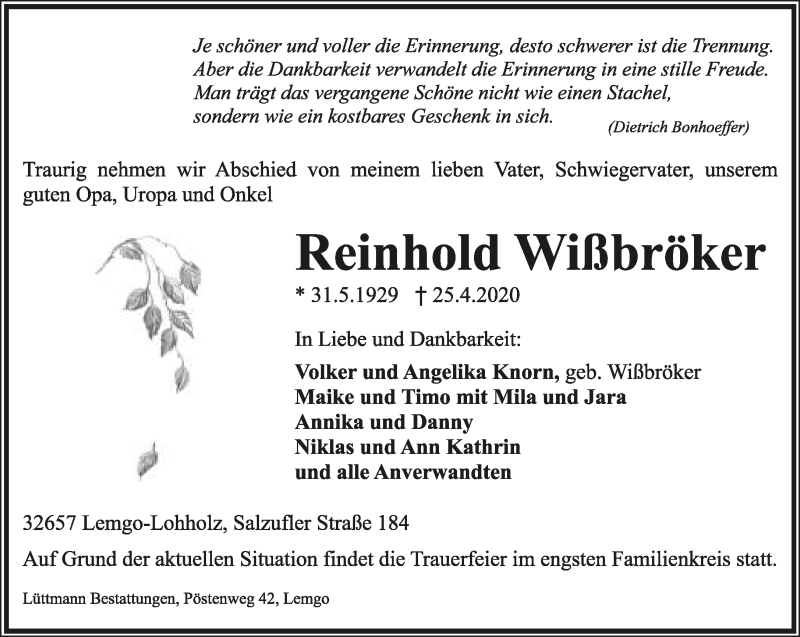 Traueranzeige für Reinhold Wißbröker vom 01.05.2020 aus Lippische Landes-Zeitung