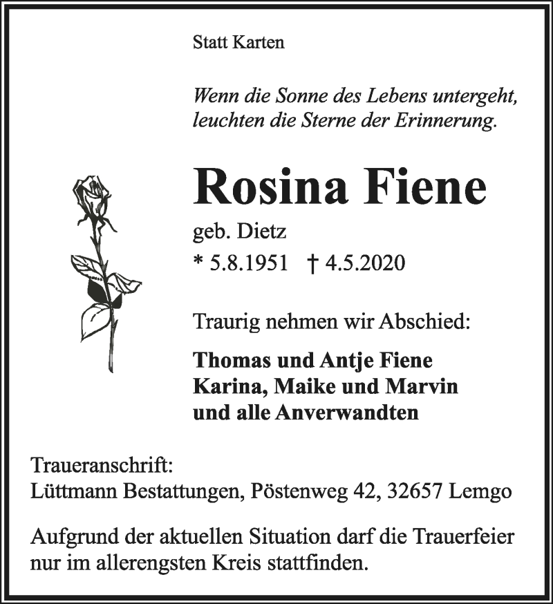  Traueranzeige für Rosina Fiene vom 07.05.2020 aus Lippische Landes-Zeitung