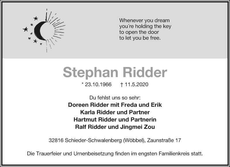  Traueranzeige für Stephan Ridder vom 16.05.2020 aus Lippische Landes-Zeitung