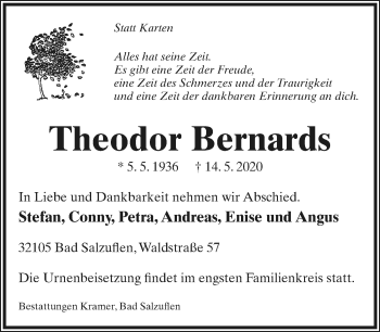 Anzeige  Theodor Bernards  Lippische Landes-Zeitung