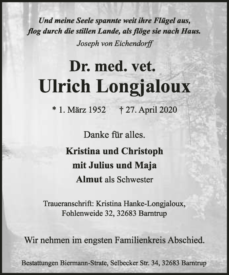  Traueranzeige für Ulrich Longjaloux vom 01.05.2020 aus Lippische Landes-Zeitung