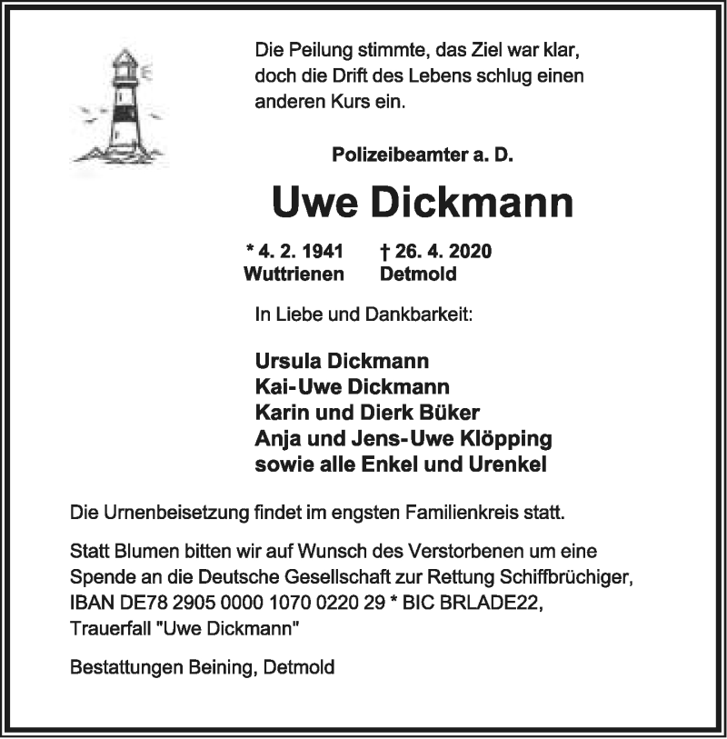  Traueranzeige für Uwe Dickmann vom 01.05.2020 aus Lippische Landes-Zeitung