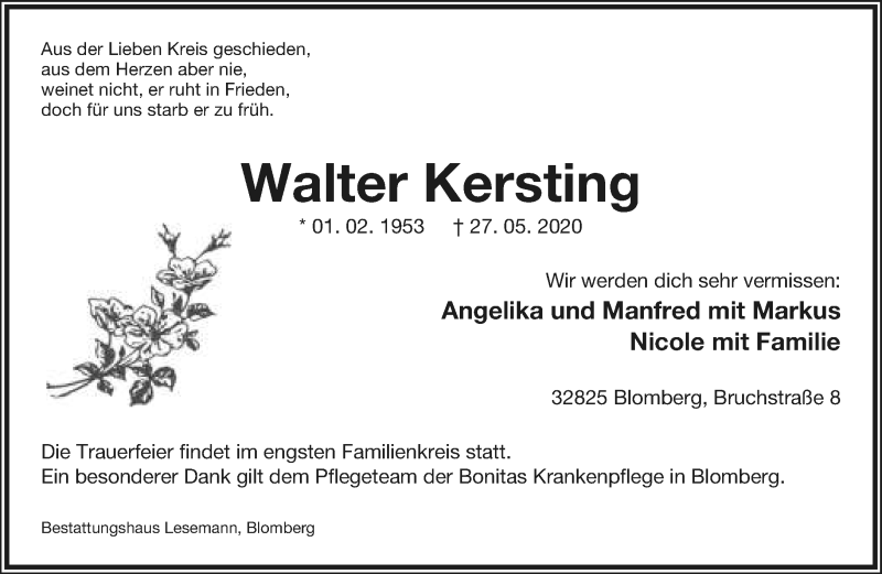  Traueranzeige für Walter Kersting vom 30.05.2020 aus Lippische Landes-Zeitung