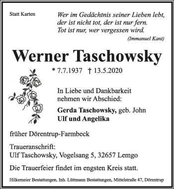 Anzeige  Werner Taschowsky  Lippische Landes-Zeitung