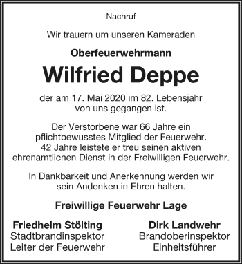 Anzeige  Wilfried Deppe  Lippische Landes-Zeitung