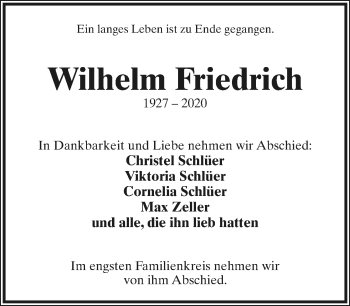 Anzeige  Wilhelm Friedrich  Lippische Landes-Zeitung