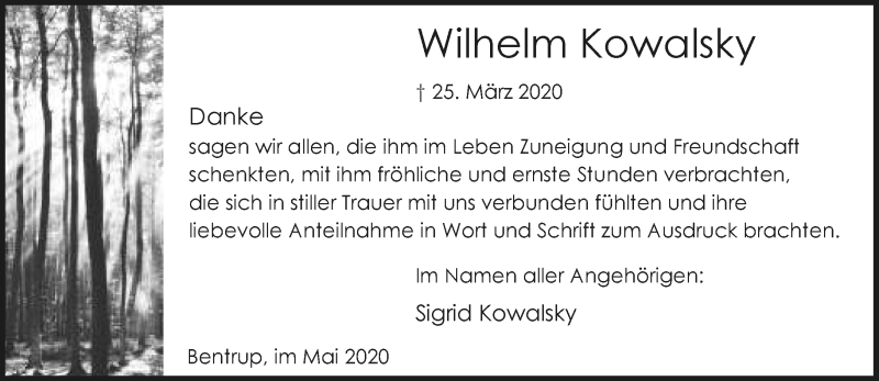  Traueranzeige für Wilhelm Kowalsky vom 01.05.2020 aus Lippische Landes-Zeitung