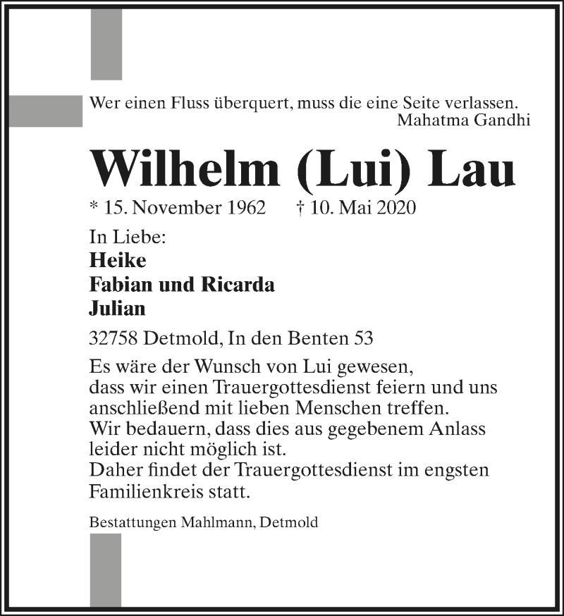  Traueranzeige für Wilhelm Lau vom 16.05.2020 aus Lippische Landes-Zeitung