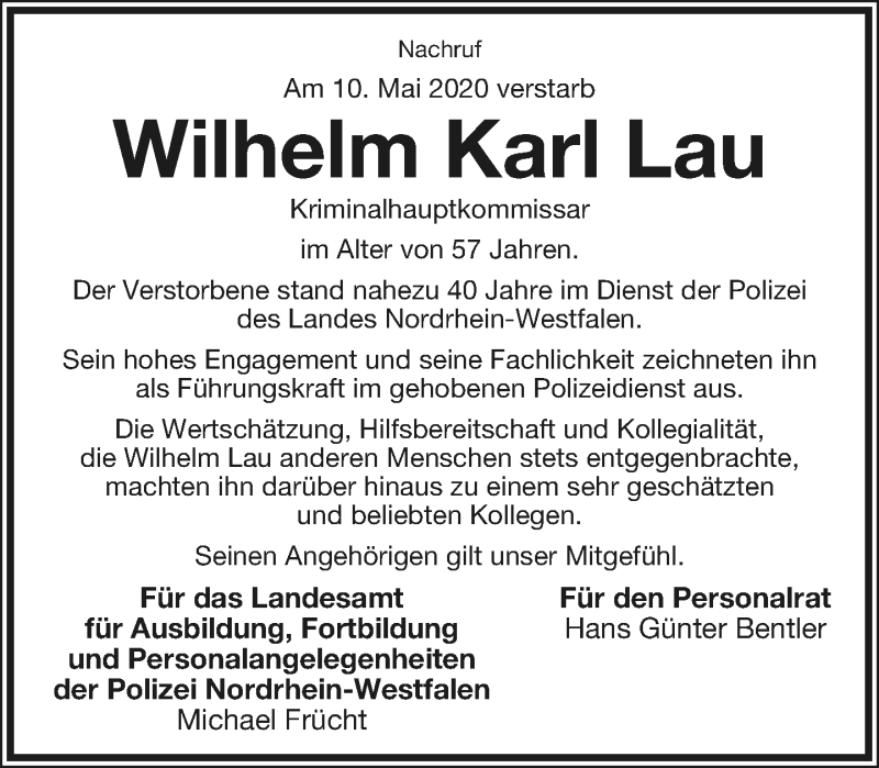  Traueranzeige für Wilhelm Lau vom 16.05.2020 aus Lippische Landes-Zeitung