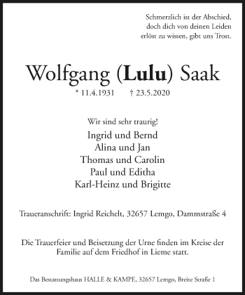Anzeige  Wolfgang Saak  Lippische Landes-Zeitung