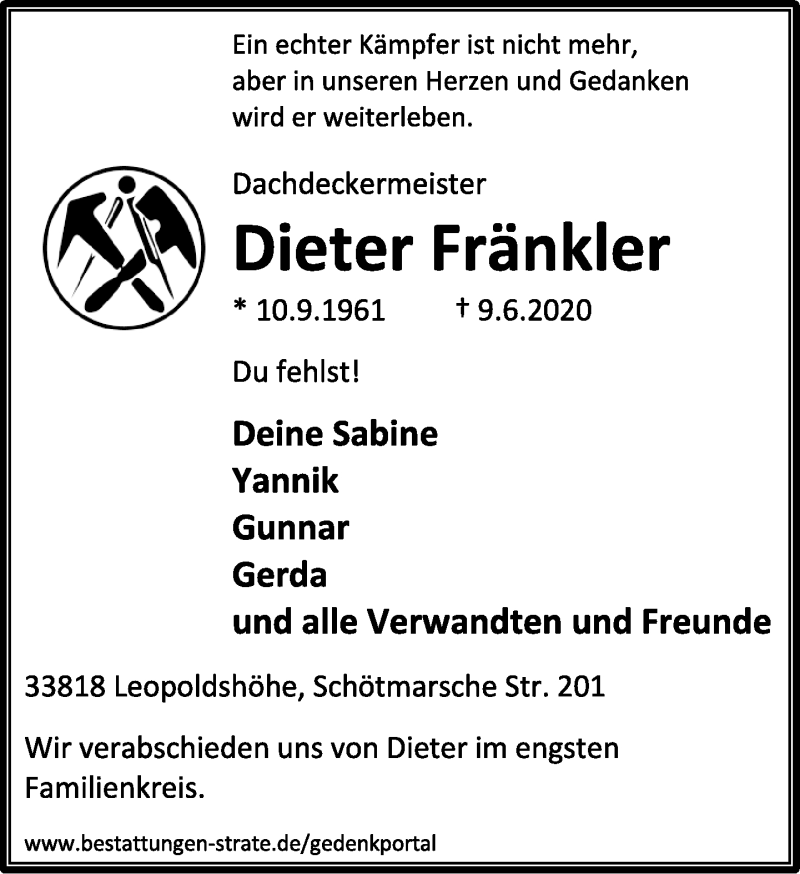  Traueranzeige für Dieter Fränkler vom 13.06.2020 aus Lippische Landes-Zeitung