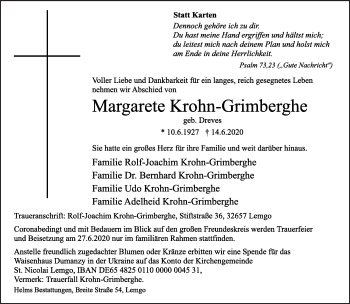 Anzeige  Margarete Krohn-Grimberghe  Lippische Landes-Zeitung