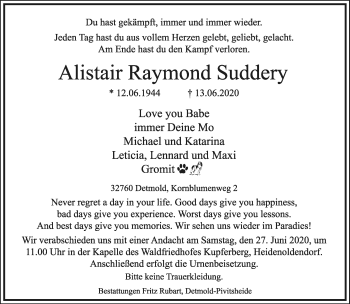 Anzeige  Alistair Raymond Suddery  Lippische Landes-Zeitung