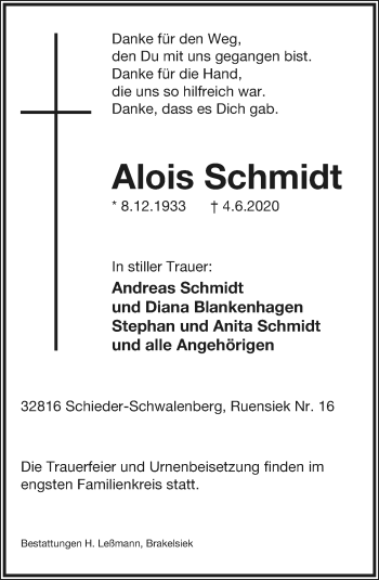 Anzeige  Alois Schmidt  Lippische Landes-Zeitung