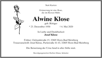Anzeige  Alwine Klose  Lippische Landes-Zeitung