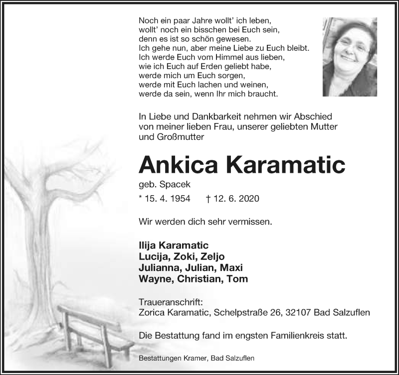  Traueranzeige für Ankica Karamatic vom 20.06.2020 aus Lippische Landes-Zeitung