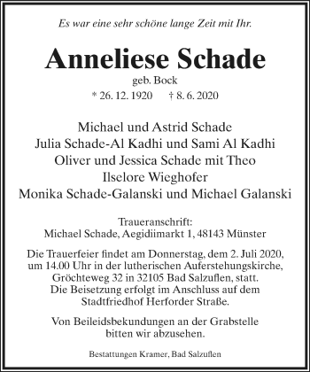 Anzeige  Anneliese Schade  Lippische Landes-Zeitung