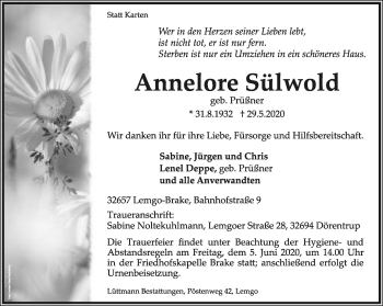 Anzeige  Annelore Sülwold  Lippische Landes-Zeitung