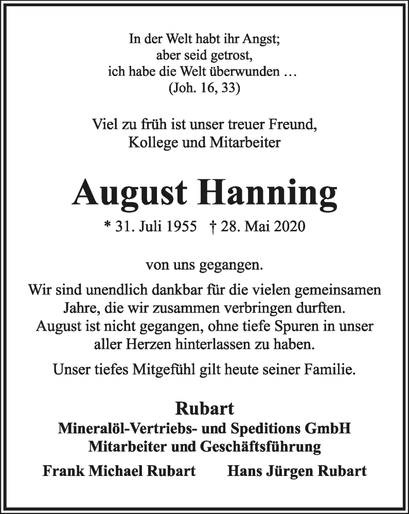 Traueranzeige für August Hanning vom 06.06.2020 aus Lippische Landes-Zeitung