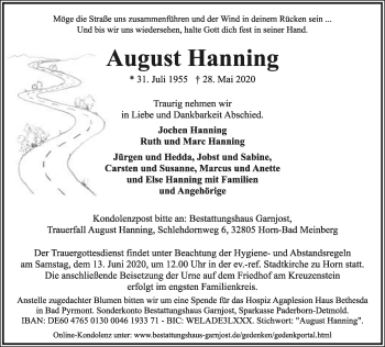 Anzeige  August Hanning  Lippische Landes-Zeitung